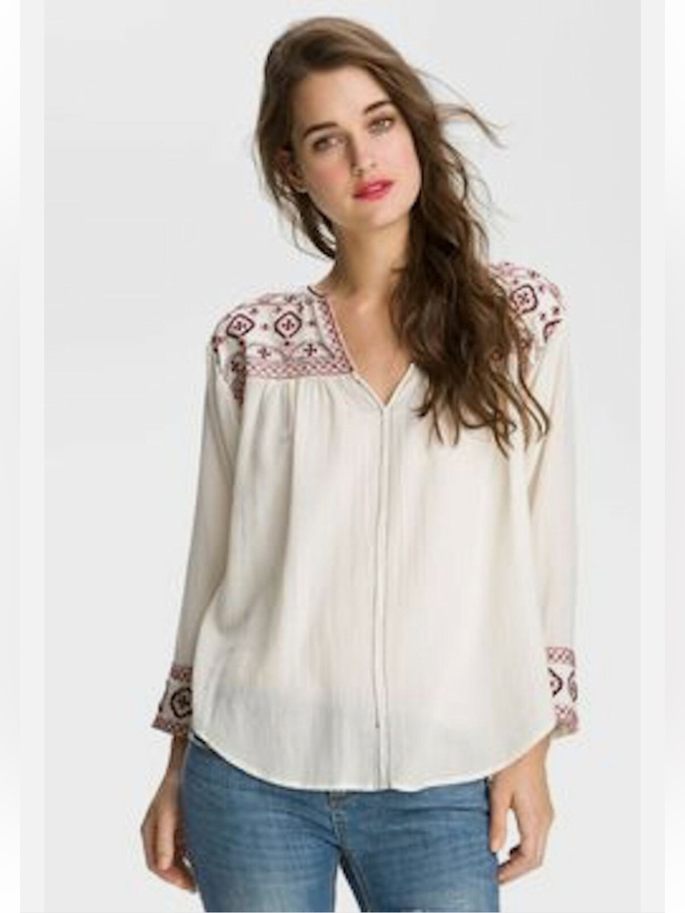 Embroidered Peasant Top Blouse Women’s Sz M Ivory Boho Prairie 3/4 Sleeve Flowy